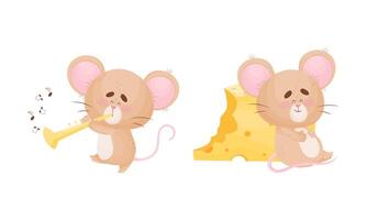 Cute Mouse Character as Small Rodent Playing Flute and Sitting Overeating with Cheese Set vector