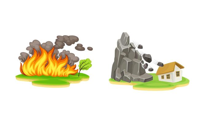 Natural disasters set. Forest fire and rockfall cataclysms cartoon illustration