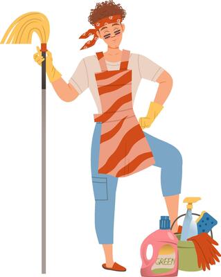 Cheerful man with cleaning supplies. Househusband doing daily routine cartoon illustration