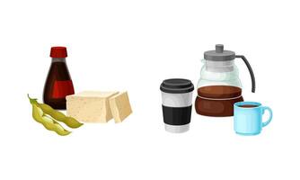 Soy Product with Tofu Cheese and Soy Sauce and Coffee in Cup as Healthy and Harmful Food Set vector
