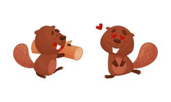 Funny Beaver Character with Flat Tail Carrying Log and Feeling Love Set vector
