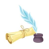 Vintage paper scroll, feather, inkwell. Magic objects cartoon illustration vector