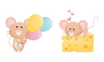 Cute Mouse Character as Small Rodent with Balloon Bunch and Lying on Cheese Slab Set vector