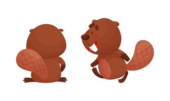 Funny Beaver Character with Flat Tail Walking and Standing Back View Set vector