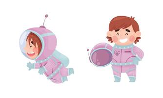 Little Girl Astronaut Wearing Spacesuit Exploring the Moon Set vector