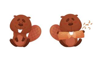 Funny Beaver Character with Flat Tail Sitting and Gnawing Log Set vector