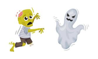 Green Zombie and Flying Ghost as Halloween Symbol Set vector