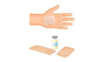 First aid for wound. Medical patch plastered on palm illustration vector