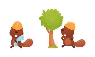 Funny Beaver Character with Flat Tail in Hard Hat Standing Near Tree Set vector