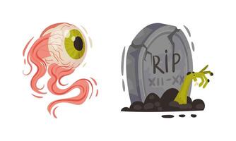 Tomb with Zombie Hand and Eye as Halloween Symbol Set vector