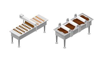 Chocolate production equipment set. Automated machinery line with sweets rested on It illustration vector