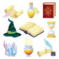 Magic objects set. Glass bottle with potion, witch hat, book, crystal, paper scroll cartoon illustration vector