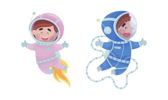 Little Kid Astronaut Wearing Spacesuit Exploring the Moon Set vector