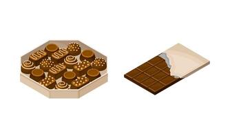 Box of chocolates and bar of chocolate illustration on white background vector