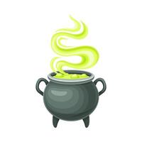 Witch cauldron with bubbling green potion. Magic object cartoon illustration vector