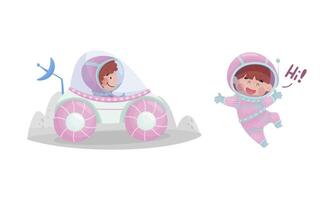 Little Kid Astronaut Wearing Spacesuit Exploring the Moon Driving Car and Greeting Set vector