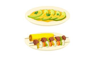 Served on Plate Dish with Meat and Vegetable Shashlik and Sliced Avocado with Sauce Set vector