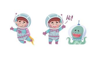 Little Boy Astronaut Wearing Spacesuit Greeting with Octopus and Floating Exploring the Moon Set vector