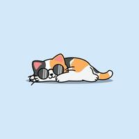 Lazy calico cat with sunglasses sleeping cartoon, Cute fat cat three color vector