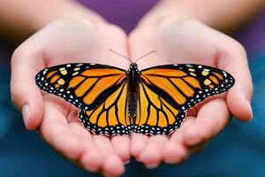 Orange monarch butterfly in female hands photo