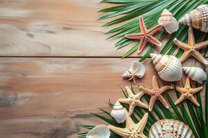 Tropical palm leafs with seashells photo