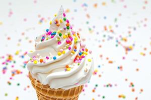 Ice cream with sprinkles in waffle cone on white background photo