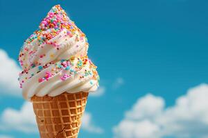 Ice cream with sprinkles in waffle cone on blue sky background photo