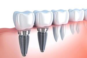 Illustration of human jaw with dental tooth implants. 3D rendering photo