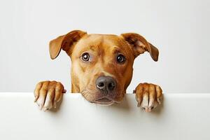Cute dog peeking out of blank banner photo