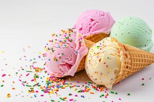 Colorful ice cream scoops with sprinkles in waffle cones on white background photo