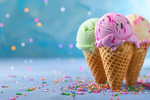 Colorful ice cream scoops with sprinkles in waffle cones on blue background photo