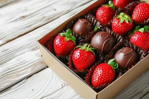 Delicious strawberries covered by chocolate in box on wooden background photo
