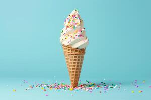 Ice cream with sprinkles in waffle cone on blue background photo