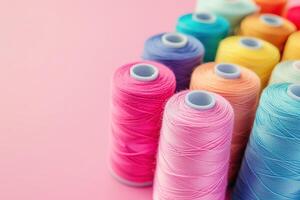 Colorful sewing threads on pink background photo