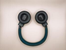 Headphones are full-size, large, green, with soft earphones turned outward, in which the left and right earphones are indicated, and a soft bow lies in the center of the image, inverted on a pink photo