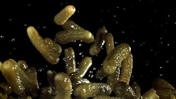 Pickled cucumbers fly up and fall down. Filmed on a high-speed camera at 1000 fps. High quality FullHD footage video