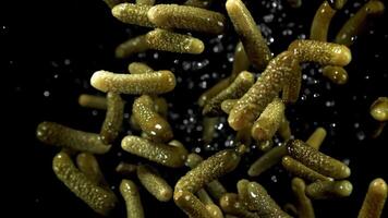 Pickled cucumbers fly up and fall down. Filmed on a high-speed camera at 1000 fps. High quality FullHD footage video