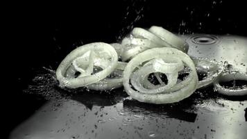 Sliced onion rings fall on a wet table. Filmed on a high-speed camera at 1000 fps. High quality FullHD footage video