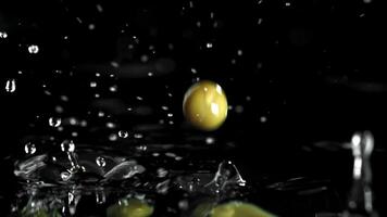 Canned peas fall into the water. Filmed on a high-speed camera at 1000 fps. High quality FullHD footage video