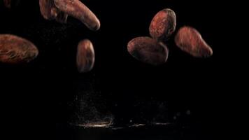 Cocoa beans fall on the table. Filmed on a high-speed camera at 1000 fps. High quality FullHD footage video