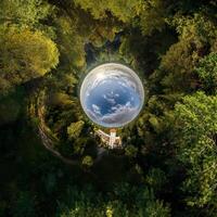 An aerial view of a house in the middle of a forest photo