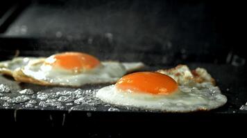 Eggs are fried in a pan. Filmed on a high-speed camera at 1000 fps. High quality FullHD footage video