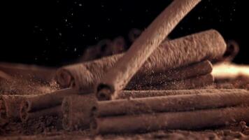Cinnamon sticks fall on the table. Filmed on a high-speed camera at 1000 fps. High quality FullHD footage video