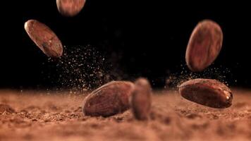 Cocoa beans fall on the table. Filmed on a high-speed camera at 1000 fps. High quality FullHD footage video