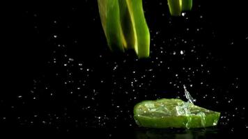Sliced lime falls on a wet table. Filmed on a high-speed camera at 1000 fps. High quality FullHD footage video