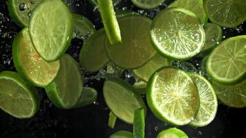 Sliced lime wedges fly up and down. Filmed on a high-speed camera at 1000 fps. High quality FullHD footage video