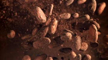 Cocoa beans fly up and fall down. Filmed on a high-speed camera at 1000 fps. High quality FullHD footage video
