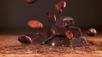 Cocoa beans fall on cocoa powder. Filmed on a high-speed camera at 1000 fps. High quality FullHD footage video