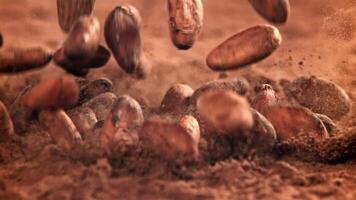 Cocoa beans fall on the table. Filmed on a high-speed camera at 1000 fps. High quality FullHD footage video