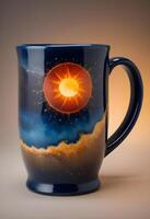 A black mug with a vibrant celestial design featuring a fiery sun and a serene blue moon sits amidst a warm photo